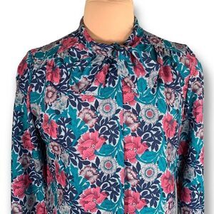 Vintage 80s Blouse Dark Floral Detail Bow High Tie Neck Blue Satin Long Sleeve